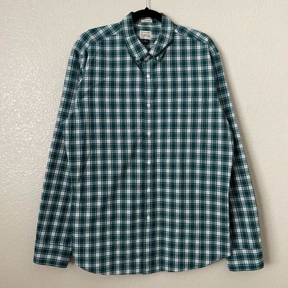 J. Crew Shirt Mens Large Green Blue Plaid‎ Classic Fit Long Sleeve Button Down